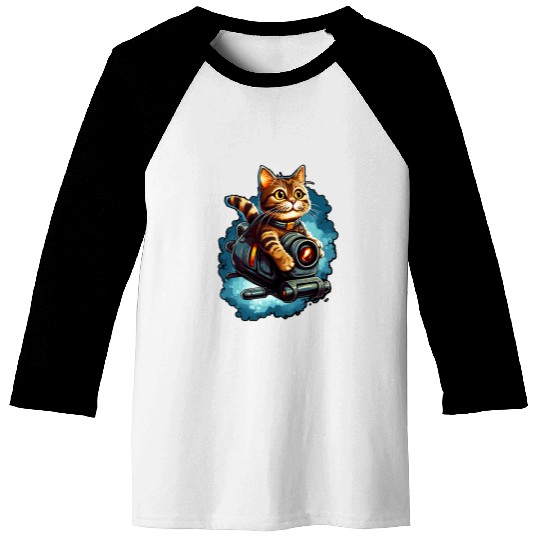 Cartoon cat flying with jet train Fantasy art Standard Baseball Tees