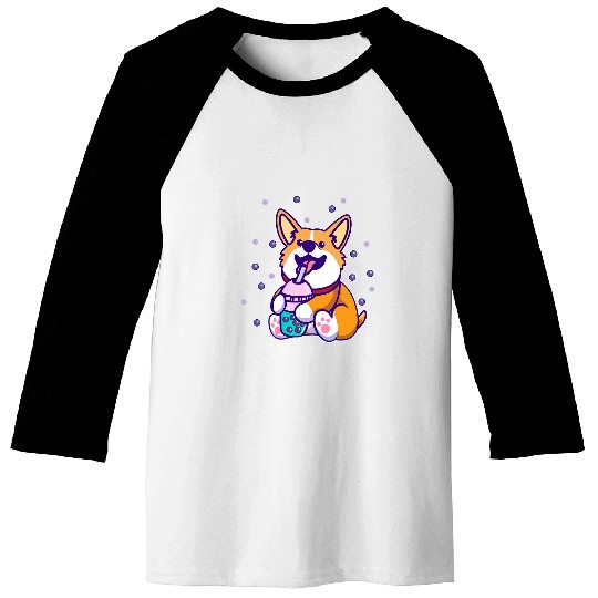 Cute Kawaii Corgi Dog Drinking Bubble Tea Boba Milk Tea Baseball Tees