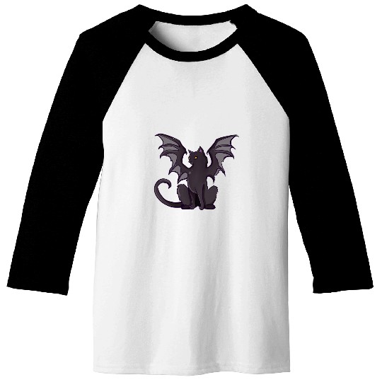 Funny Black Scary Cat With Bat Wings Halloween Costume Baseball Tees