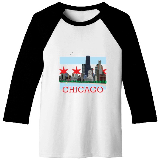 Chicago Skyline and Flag Baseball Tees