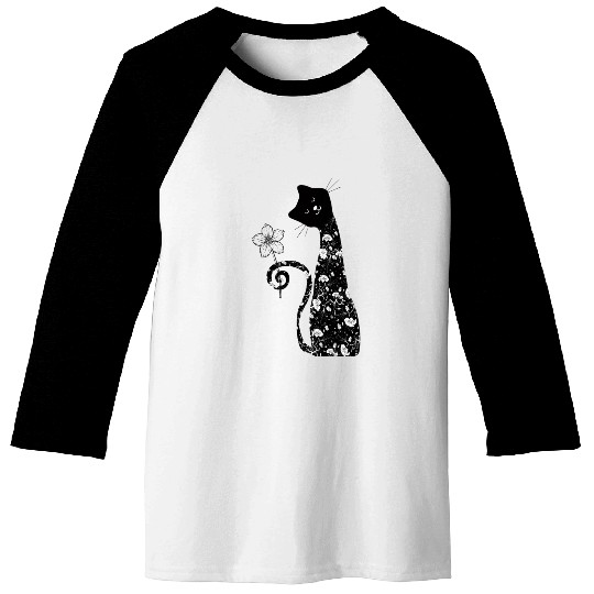 Black cat with flower Baseball Tees