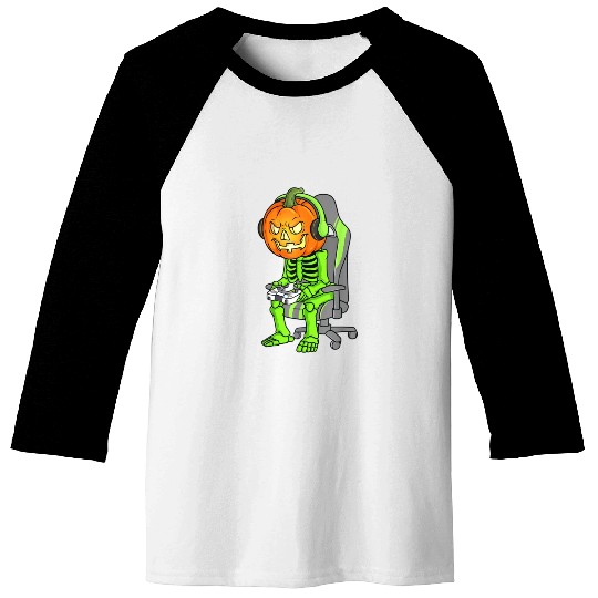 Gaming Halloween Skeleton Jack O Lantern Gamer Boy Baseball Tees