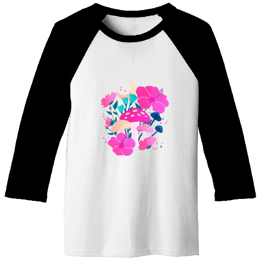 Mushrooms and Hibiscus Dreams Pink Baseball Tees