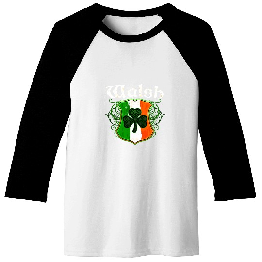 Walsh Irish Surname Ireland Flag Shield Shamrock Baseball Tees