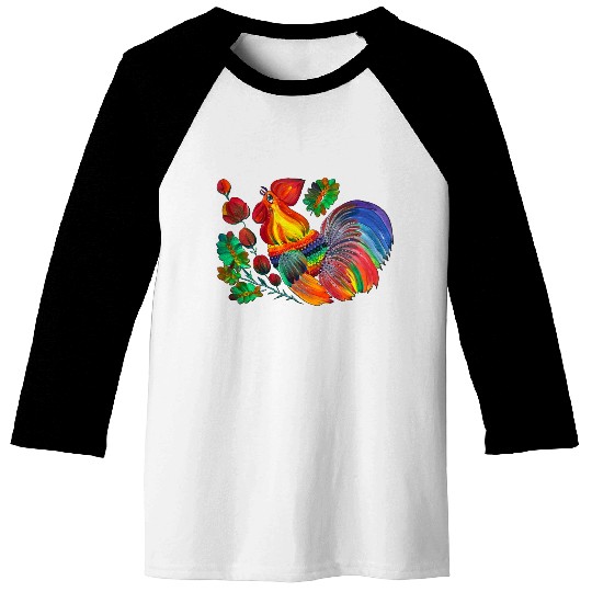 Magic cock. Petrykivka painting. Rainbow rooster Baseball Tees