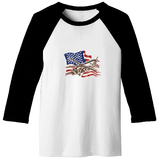 Helicopter with american flag background - chopper Baseball Tees