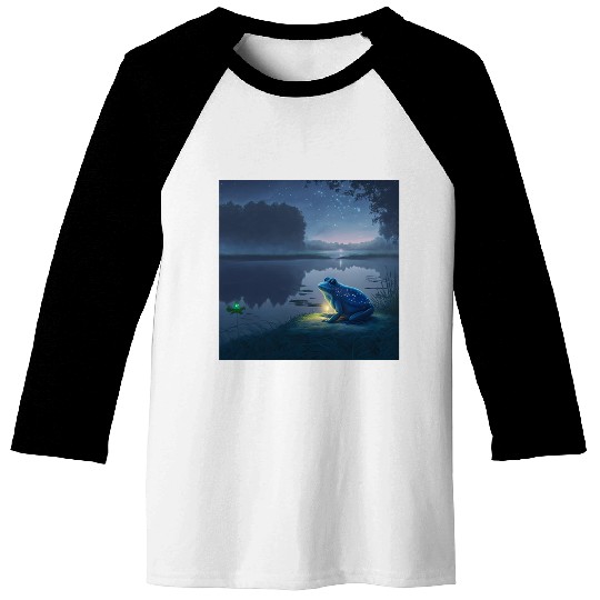 Blue Frog and Firefly on a pond at Night Baseball Tees