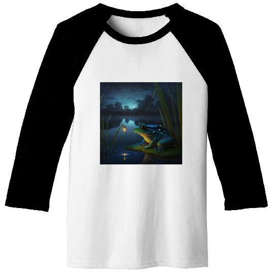 Frog and Firefly Friends on the Pond at Night Baseball Tees