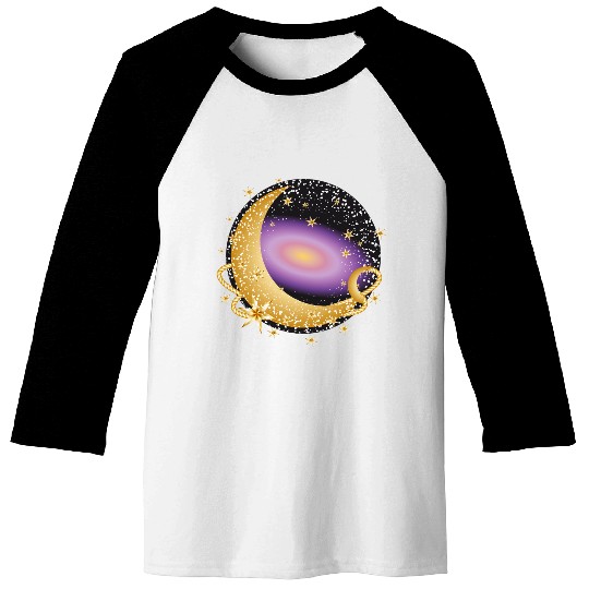 glowing violet galaxy with moon and stars Baseball Tees