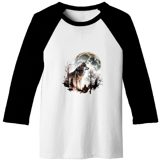 Wolf Moonlight Forest Wild Werewolf Watercolor 5 Baseball Tees