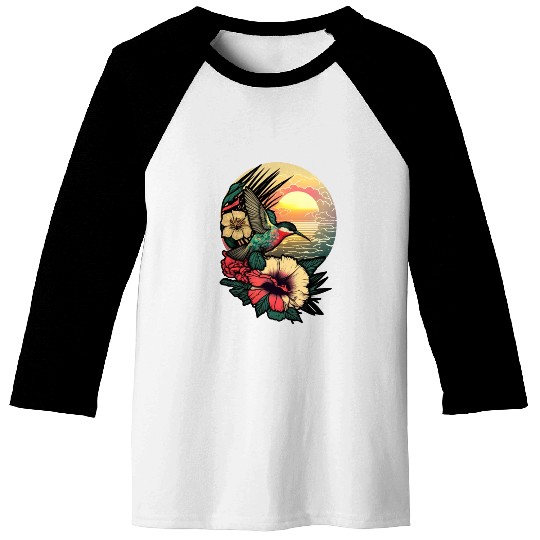 Hummingbird flies over hibiscus flower Tropical Baseball Tees