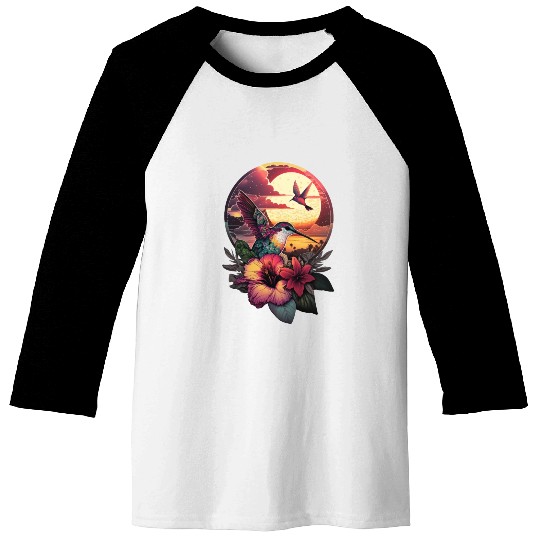 Hummingbird flies over hibiscus flower Tropical Baseball Tees