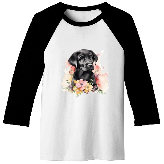 Black Lab Dog Watercolor Floral Baseball Tees