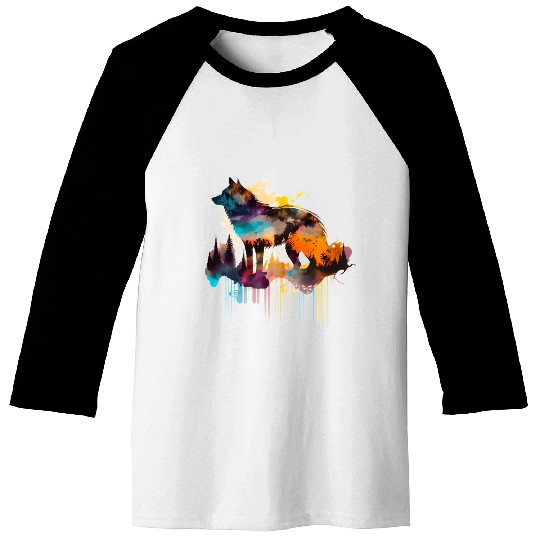 Mountain Wolf Multicolor Watercolor Portrait Baseball Tees