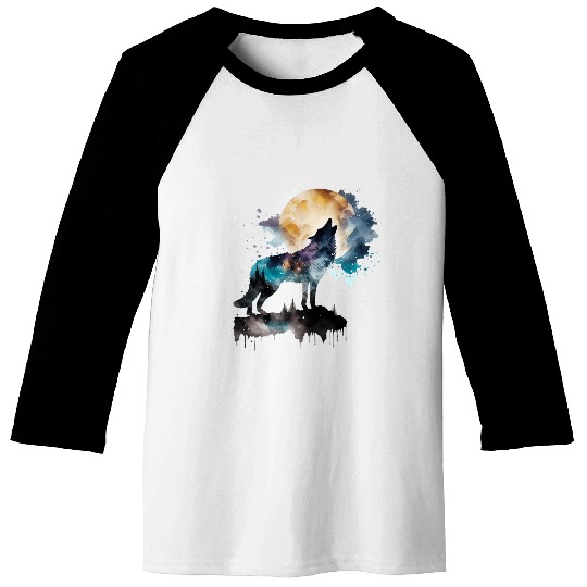 Mountain Wolf Multicolor Watercolor Portrait Baseball Tees