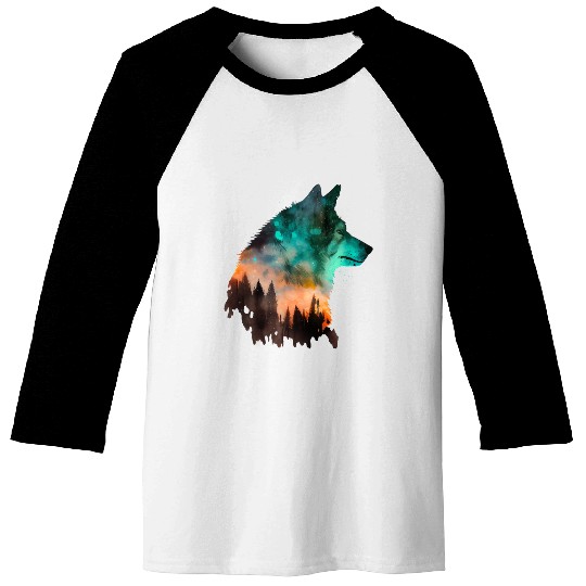 Forest Wolf Multicolor Watercolor Portrait Baseball Tees