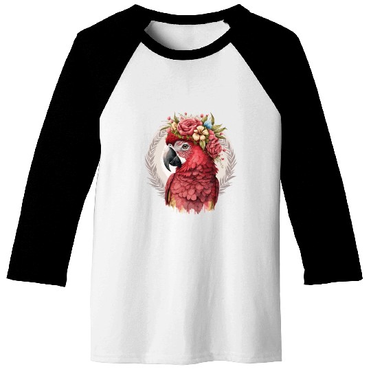 Scarlet Macaw Parrot Watercolor Bird Flower Crown Baseball Tees