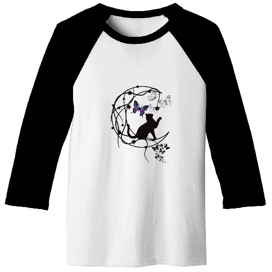 Decorative Black Cat Silhouette With Butterflies Baseball Tees