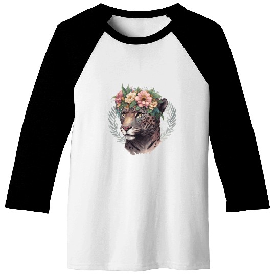 Watercolor Jaguar Flower Crown Wild Cat Lover Baseball Tees
