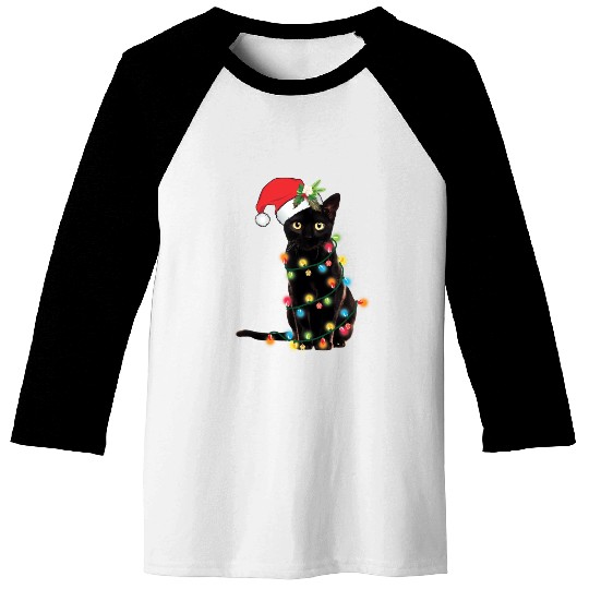 Black Cat Santa Tangled Up In Lights Baseball Tees