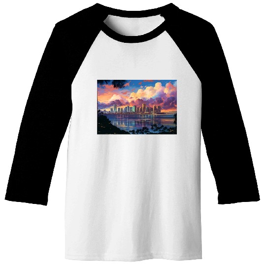 Anime Honolulu A Vibrant Anime Inspired Skyline Baseball Tees