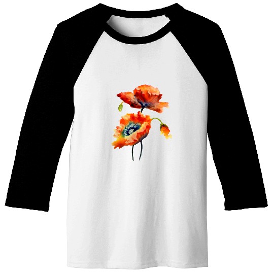 RED POPPIES Baseball Tees, WATERCOLOR RED POPPIES TOP