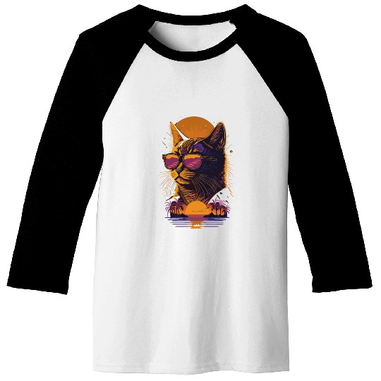Retro sunset Cat wearing sunglasses Baseball Tees