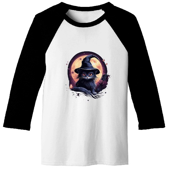 Black cat with witch hat Baseball Tees
