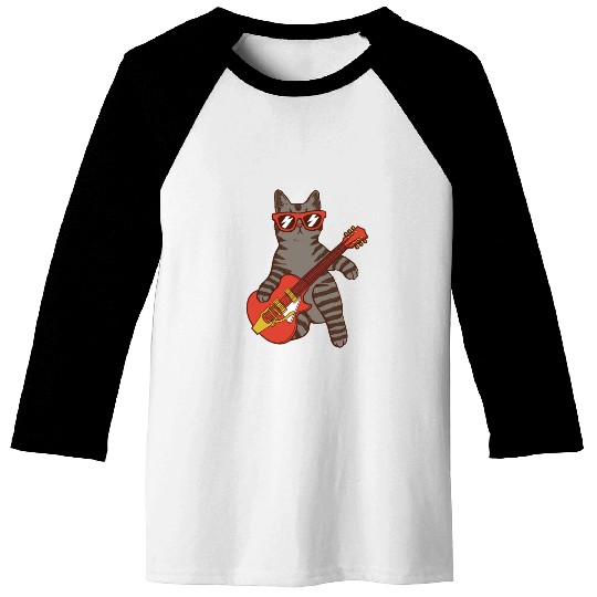 Rock Cat Playing Guitar - Funny Guitar Cat Baseball Tees