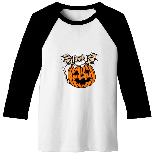 Cute Creepy Cat With Bat Wings Funny Halloween Baseball Tees