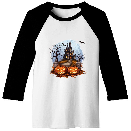 Spooky Haunted House Halloween Pumpkin Bat Baseball Tees