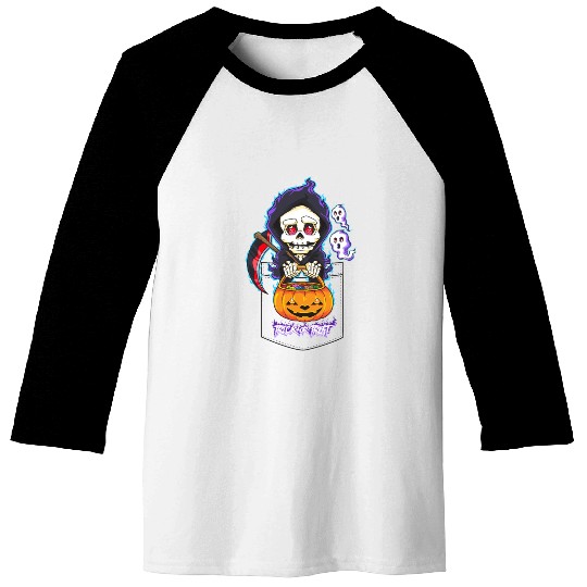 Halloween Pocket Chibi Grim Reaper Trick or Treat Baseball Tees