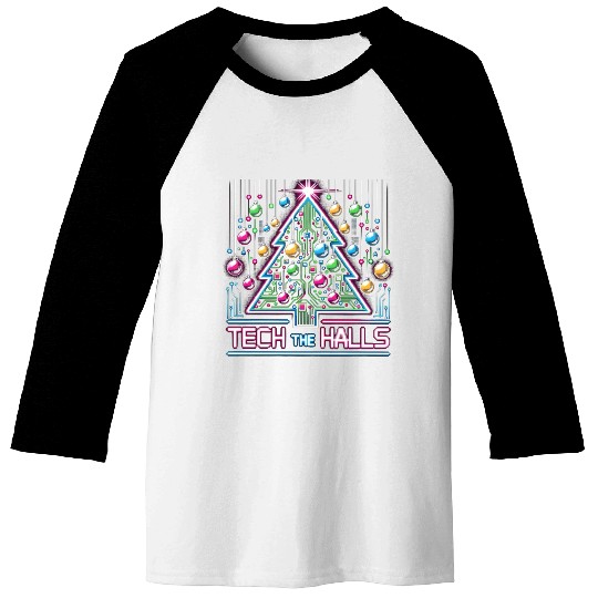 Tech the Halls - Christmas Tree in 8-bit Neon Baseball Tees