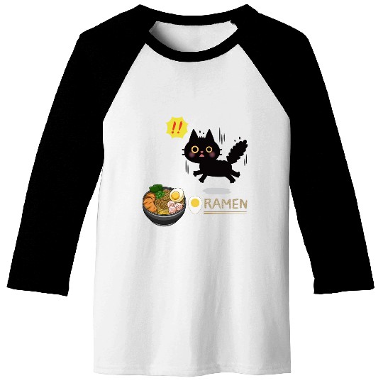 Surprised Ramen-Loving Black Cat Baseball Tees