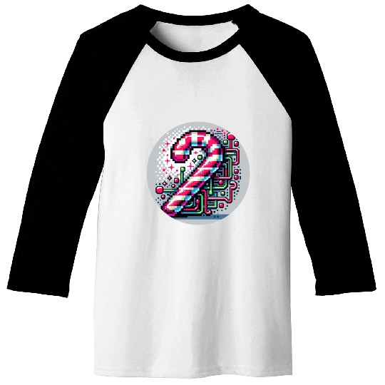 Neon Cyberpunk Candy Cane 8-Bit Pixel Christmas Baseball Tees