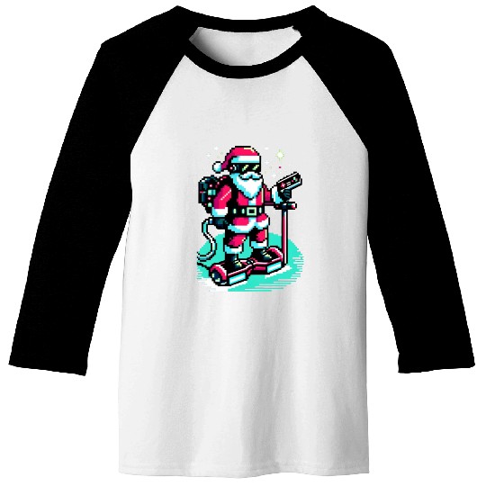 Witty 8-Bit Cyberpunk Santa Baseball Tees