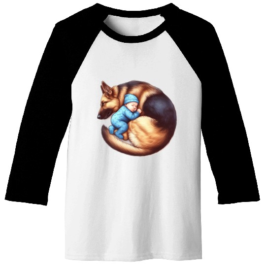 Sleeping Baby and German Shepherd Design Baseball Tees