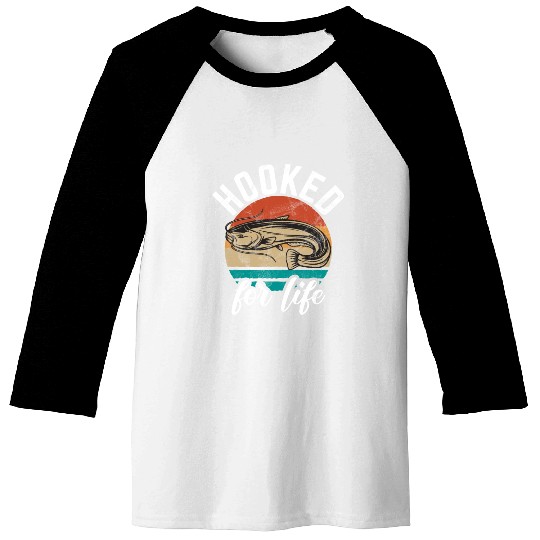Hooked For Life Retro Catfish Catfishing Angler Baseball Tees