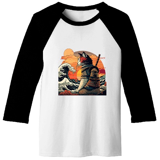 Samurai Cat vs The Great Wave Baseball Tees