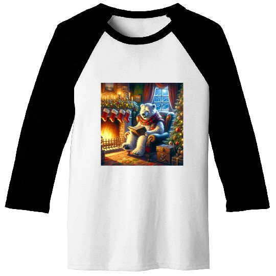 Winter Tales-Merry Cozy Bear Reading by Fireplace Baseball Tees
