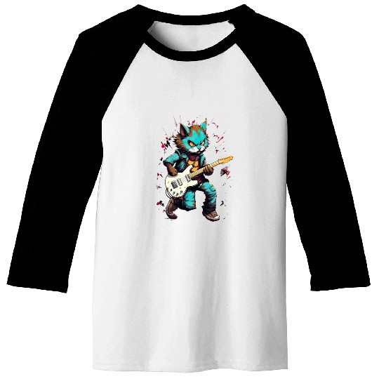 Cat Plays Acousitc Rock Guitar Baseball Tees