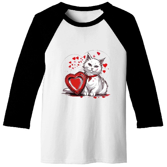 Valentines Day White Cat With Red Heart Box Baseball Tees