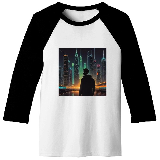 Neon Horizon: A Futuristic Cityscape Baseball Tees
