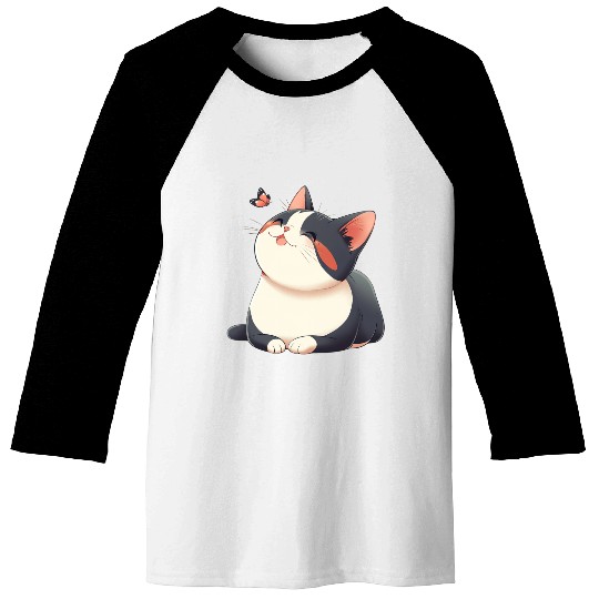 Kawaii Cat and Butterfly Baseball Tees