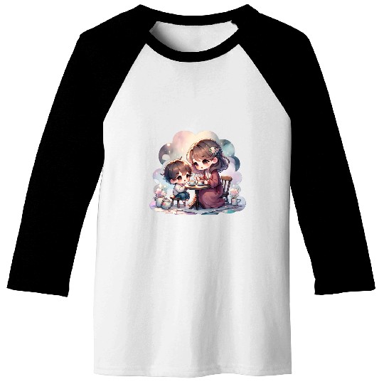 Mother and Son Enjoying a Cozy Tea Party Baseball Tees
