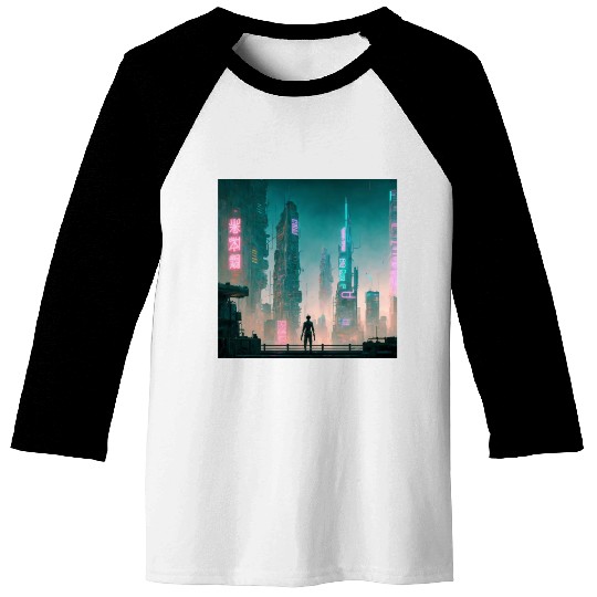Cyberpunk Cityscape Baseball Tees