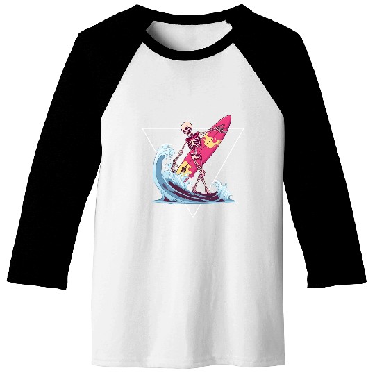 Surfer Skeleton Beach Summer Vibes Baseball Tees