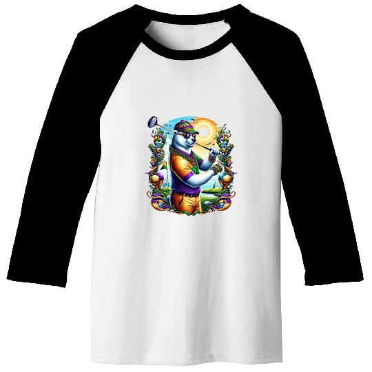 Bear Golfer in Vibrant Mardi Gras Style Baseball Tees