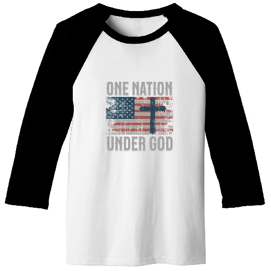 One Nation Under God Retro US Flag Christian Cross Baseball Tees