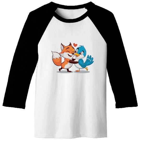 Cute Fox and Bird Love Baseball Tees